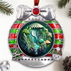 Waterfall Jungle Nature Paper Craft Trees Tropical Metal X mas Ribbon With Red Crystal Round Ornament by Ravend