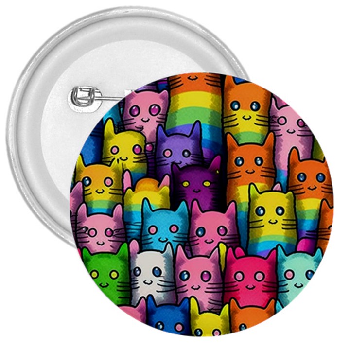 Cats Rainbow Pattern Colorful Feline Pets 3  Buttons