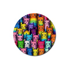 Cats Rainbow Pattern Colorful Feline Pets Rubber Round Coaster (4 Pack)