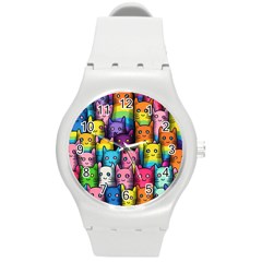 Cats Rainbow Pattern Colorful Feline Pets Round Plastic Sport Watch (m) by Ravend