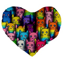 Cats Rainbow Pattern Colorful Feline Pets Large 19  Premium Flano Heart Shape Cushions by Ravend