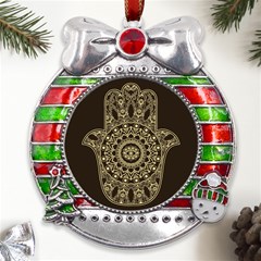 Hamsa-hand-drawn-symbol-with-flower-decorative-pattern Metal X mas Ribbon With Red Crystal Round Ornament