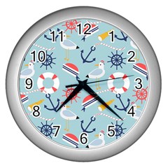 Nautical-marine-symbols-seamless-pattern Wall Clock (silver) by Salman4z