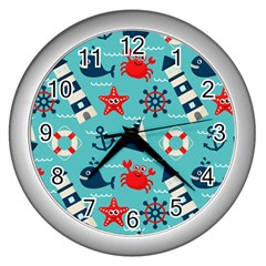 Seamless-pattern-nautical-icons-cartoon-style Wall Clock (silver) by Salman4z