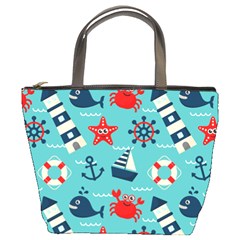 Seamless-pattern-nautical-icons-cartoon-style Bucket Bag by Salman4z