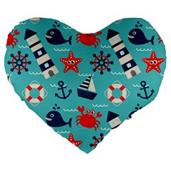 Seamless-pattern-nautical-icons-cartoon-style Large 19  Premium Flano Heart Shape Cushions by Salman4z