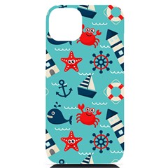 Seamless-pattern-nautical-icons-cartoon-style Iphone 14 Plus Black Uv Print Case by Salman4z