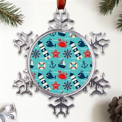 Seamless-pattern-nautical-icons-cartoon-style Metal Large Snowflake Ornament