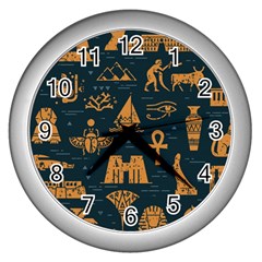 Dark-seamless-pattern-symbols-landmarks-signs-egypt Wall Clock (silver) by Salman4z