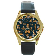 Dark-seamless-pattern-symbols-landmarks-signs-egypt Round Gold Metal Watch by Salman4z