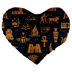 Dark-seamless-pattern-symbols-landmarks-signs-egypt Large 19  Premium Flano Heart Shape Cushions by Salman4z