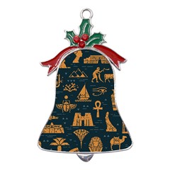 Dark-seamless-pattern-symbols-landmarks-signs-egypt Metal Holly Leaf Bell Ornament by Salman4z