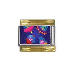 Cartoon-funny-aliens-with-ufo-duck-starry-sky-set Gold Trim Italian Charm (9mm) by Salman4z