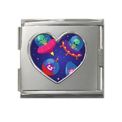 Cartoon-funny-aliens-with-ufo-duck-starry-sky-set Mega Link Heart Italian Charm (18mm) by Salman4z