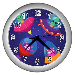 Cartoon-funny-aliens-with-ufo-duck-starry-sky-set Wall Clock (silver) by Salman4z