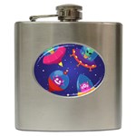 Cartoon-funny-aliens-with-ufo-duck-starry-sky-set Hip Flask (6 oz) Front