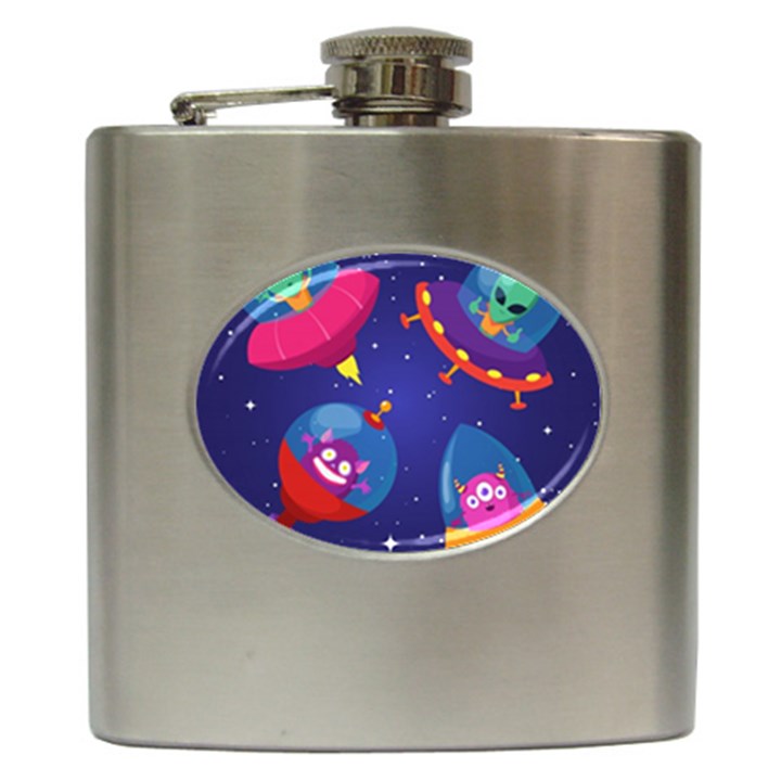 Cartoon-funny-aliens-with-ufo-duck-starry-sky-set Hip Flask (6 oz)