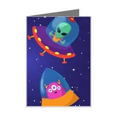 Cartoon-funny-aliens-with-ufo-duck-starry-sky-set Mini Greeting Card by Salman4z