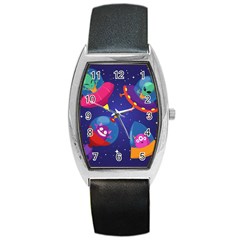 Cartoon-funny-aliens-with-ufo-duck-starry-sky-set Barrel Style Metal Watch by Salman4z