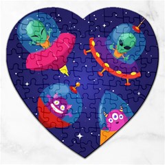 Cartoon-funny-aliens-with-ufo-duck-starry-sky-set Jigsaw Puzzle (heart) by Salman4z