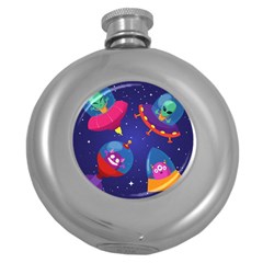 Cartoon-funny-aliens-with-ufo-duck-starry-sky-set Round Hip Flask (5 Oz) by Salman4z