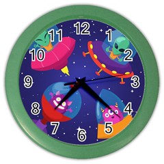 Cartoon-funny-aliens-with-ufo-duck-starry-sky-set Color Wall Clock by Salman4z