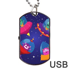 Cartoon-funny-aliens-with-ufo-duck-starry-sky-set Dog Tag Usb Flash (one Side) by Salman4z