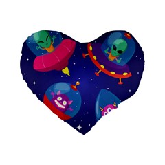 Cartoon-funny-aliens-with-ufo-duck-starry-sky-set Standard 16  Premium Heart Shape Cushions by Salman4z