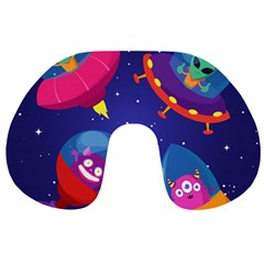 Cartoon-funny-aliens-with-ufo-duck-starry-sky-set Travel Neck Pillow by Salman4z