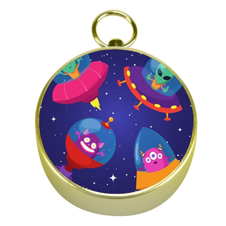 Cartoon-funny-aliens-with-ufo-duck-starry-sky-set Gold Compasses