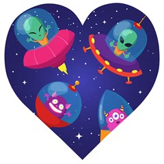 Cartoon-funny-aliens-with-ufo-duck-starry-sky-set Wooden Puzzle Heart by Salman4z