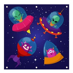 Cartoon-funny-aliens-with-ufo-duck-starry-sky-set Banner And Sign 4  X 4  by Salman4z