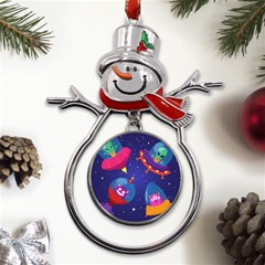 Cartoon-funny-aliens-with-ufo-duck-starry-sky-set Metal Snowman Ornament by Salman4z