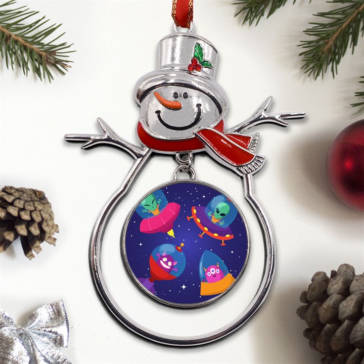 Cartoon-funny-aliens-with-ufo-duck-starry-sky-set Metal Snowman Ornament