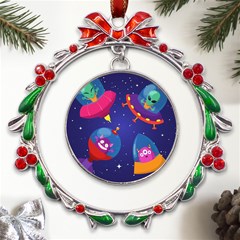 Cartoon-funny-aliens-with-ufo-duck-starry-sky-set Metal X mas Wreath Ribbon Ornament by Salman4z