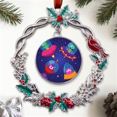 Cartoon-funny-aliens-with-ufo-duck-starry-sky-set Metal X mas Wreath Holly Leaf Ornament by Salman4z