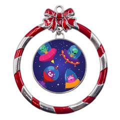 Cartoon-funny-aliens-with-ufo-duck-starry-sky-set Metal Red Ribbon Round Ornament by Salman4z