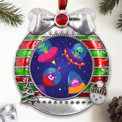 Cartoon-funny-aliens-with-ufo-duck-starry-sky-set Metal X mas Ribbon With Red Crystal Round Ornament by Salman4z