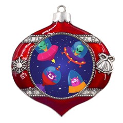 Cartoon-funny-aliens-with-ufo-duck-starry-sky-set Metal Snowflake And Bell Red Ornament by Salman4z