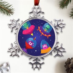 Cartoon-funny-aliens-with-ufo-duck-starry-sky-set Metal Large Snowflake Ornament by Salman4z