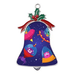 Cartoon-funny-aliens-with-ufo-duck-starry-sky-set Metal Holly Leaf Bell Ornament by Salman4z