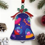 Cartoon-funny-aliens-with-ufo-duck-starry-sky-set Metal Holly Leaf Bell Ornament Front