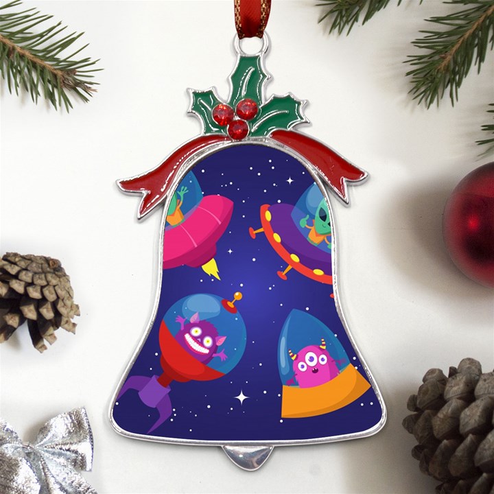 Cartoon-funny-aliens-with-ufo-duck-starry-sky-set Metal Holly Leaf Bell Ornament