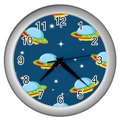 Seamless-pattern-ufo-with-star-space-galaxy-background Wall Clock (Silver)