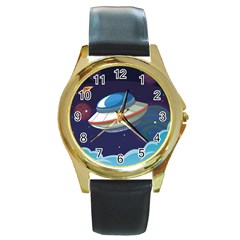 Ufo-alien-spaceship-galaxy Round Gold Metal Watch by Salman4z