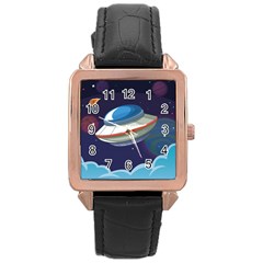 Ufo-alien-spaceship-galaxy Rose Gold Leather Watch  by Salman4z