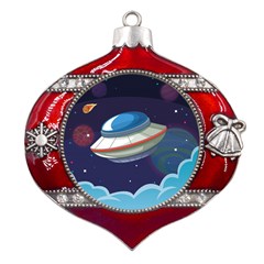 Ufo-alien-spaceship-galaxy Metal Snowflake And Bell Red Ornament