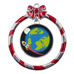 Spaceship-design Metal Red Ribbon Round Ornament by Salman4z