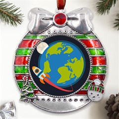 Spaceship-design Metal X mas Ribbon With Red Crystal Round Ornament by Salman4z