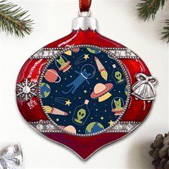 Seamless-pattern-with-funny-aliens-cat-galaxy Metal Snowflake And Bell Red Ornament by Salman4z